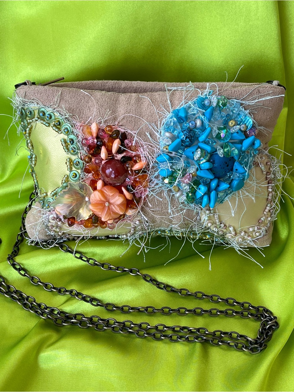 Mary Frances 💚🧡🩵 Mini Beaded Floral Patchwork Crossbody Purse Suede Bag